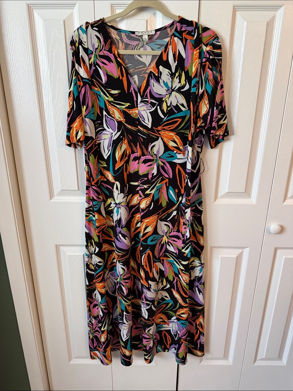 Chaus Black Midi Dress with Multicolor Floral Leaves